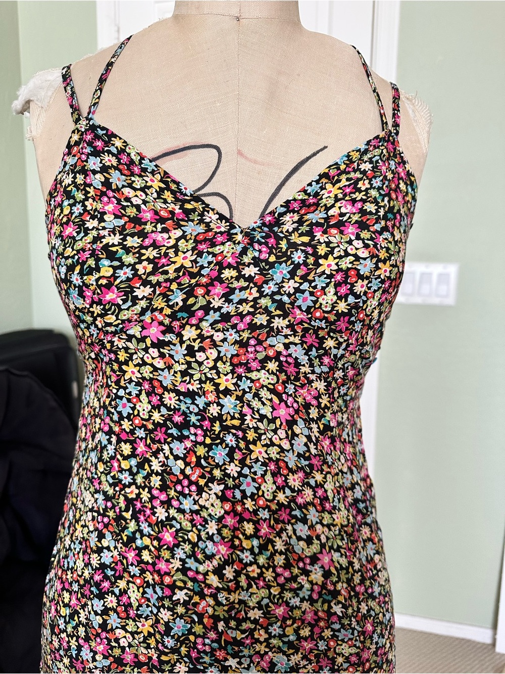 Zara Black Floral Ditzy print Spaghetti-crossStrap maxi Slip dress Multi color